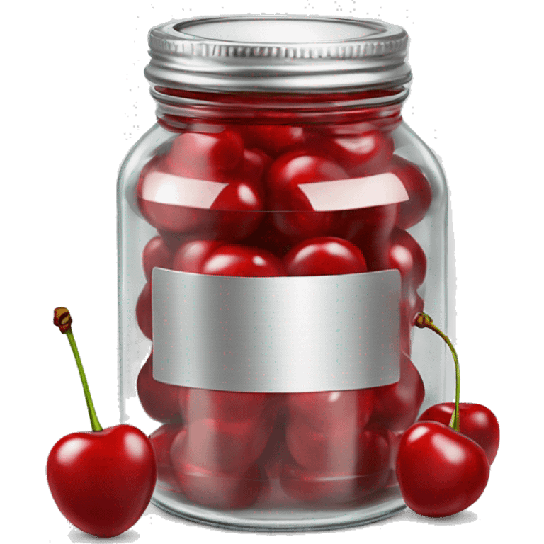 Realistic glass jar with silver metallic lid filled with maraschino cherries inside of it. emoji