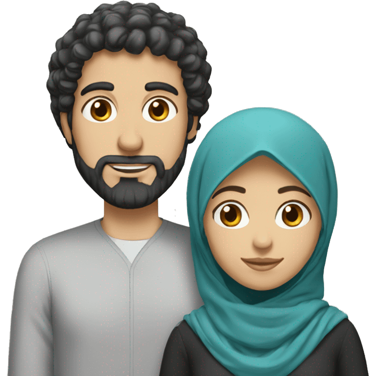 White man with curly black hairs with her wife wear a hijab  emoji