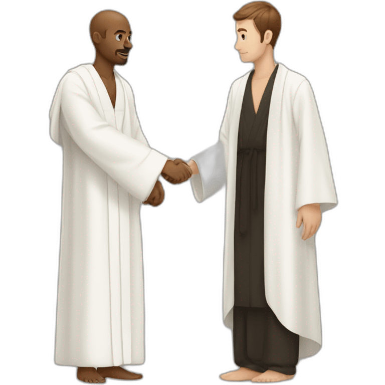 2 men in white robe giving a hand emoji