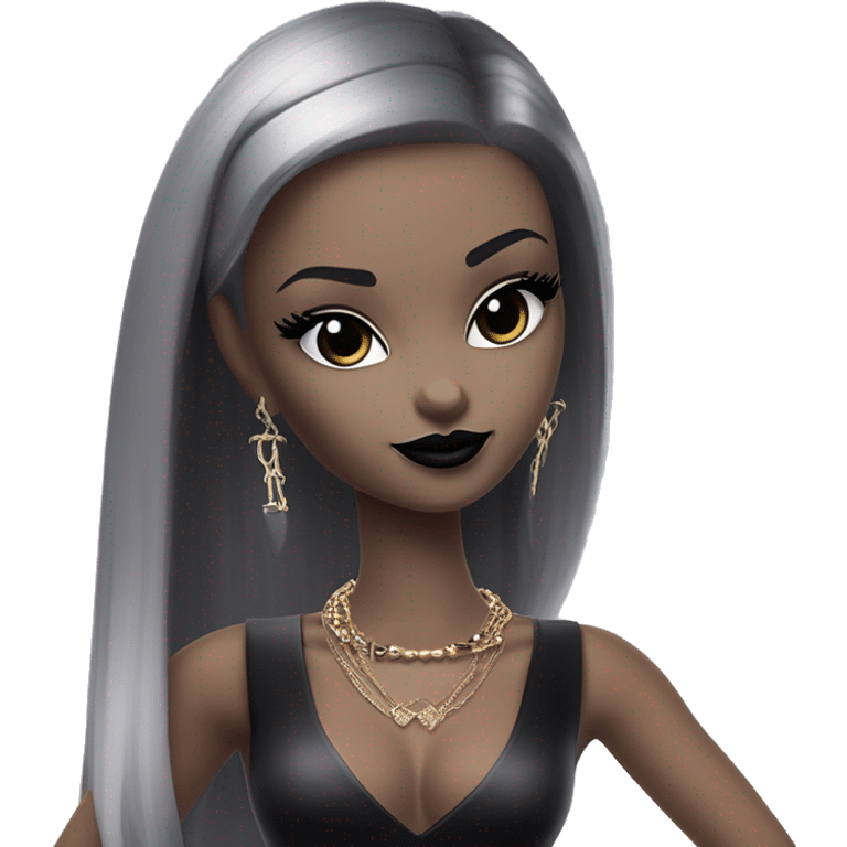  Seku-kyabakura Bunny Wends Addams Barbie.  Small very light skin face. Black lipstick and eyeshadow. Earrings matching necklaces. Long silky raven hair. Dress that’s off-the-shoulders shows her legs and black high heel.  emoji