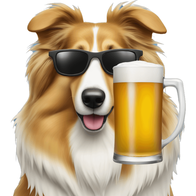 Rough collie dog wearing sunglasses drinking a beer emoji