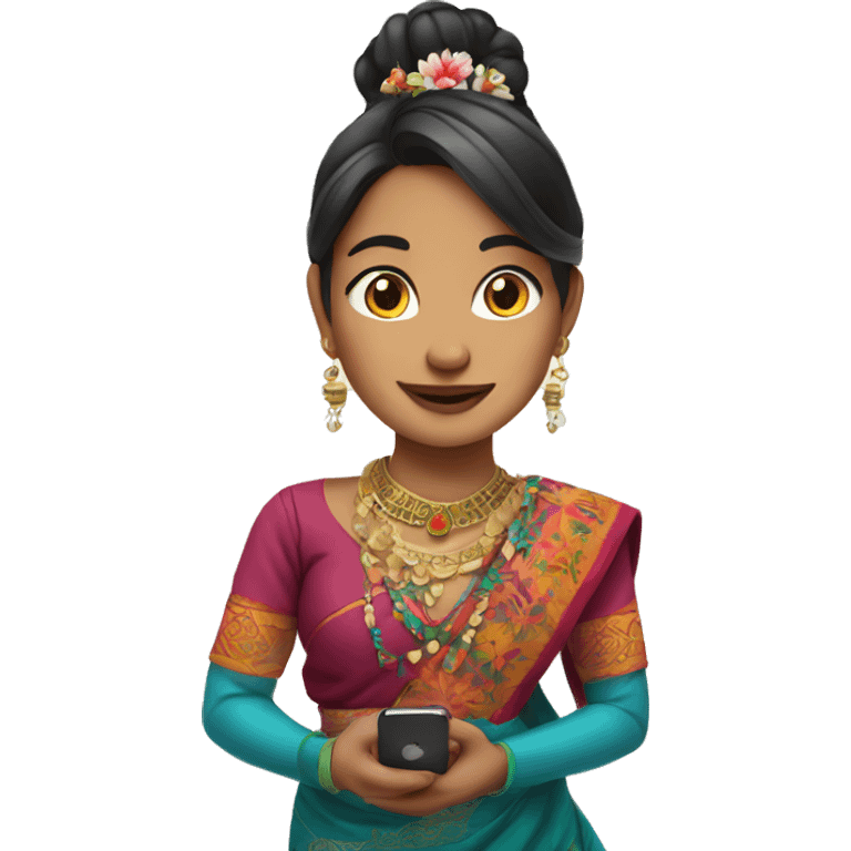 beautiful girl with iphone mobile in hand wearing nepali cultural dress emoji