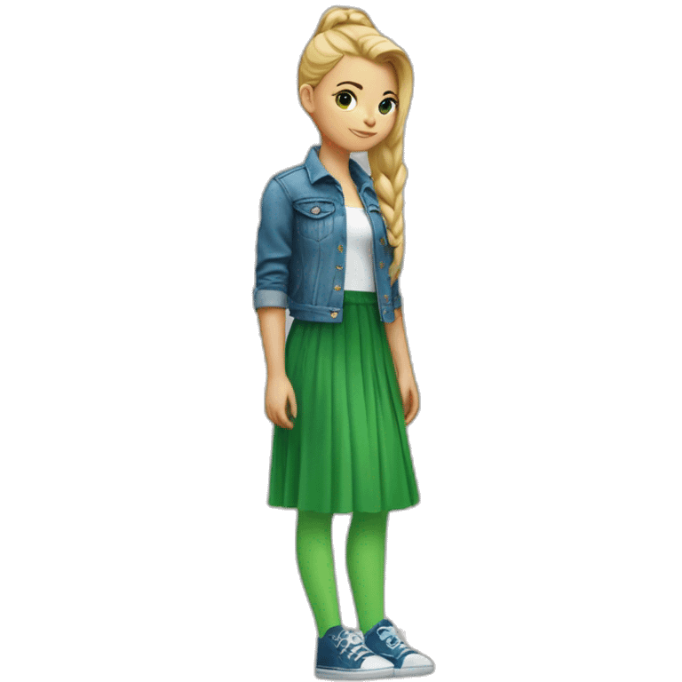 Blonde girl with bang and pony tail, in blue denim jacket, white T-shirt, green tights and elongated blue chiffon skirt emoji