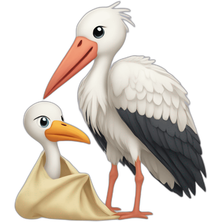  white stork carrying a bundle of cloth in its beak that has a baby human with light skin and dark hair and the baby face is peeking out from the cloths bundle the strok is carrying emoji