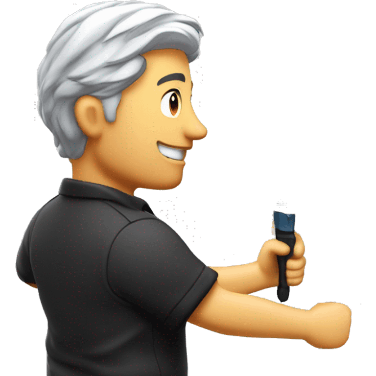 Technician with grey hair wearing a black polo shirt fixes a TV to a white wall of an exhibition Booth using a screwdriver emoji