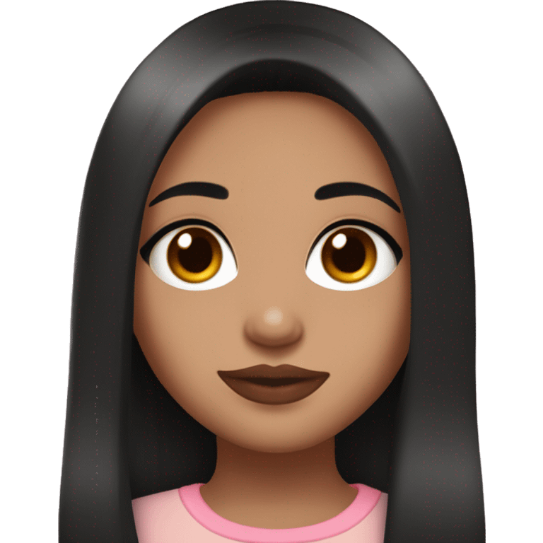  a teenage girl with black long hair/red highlights, brown eyes, medium lashes,light pink lips with lipgloss emoji