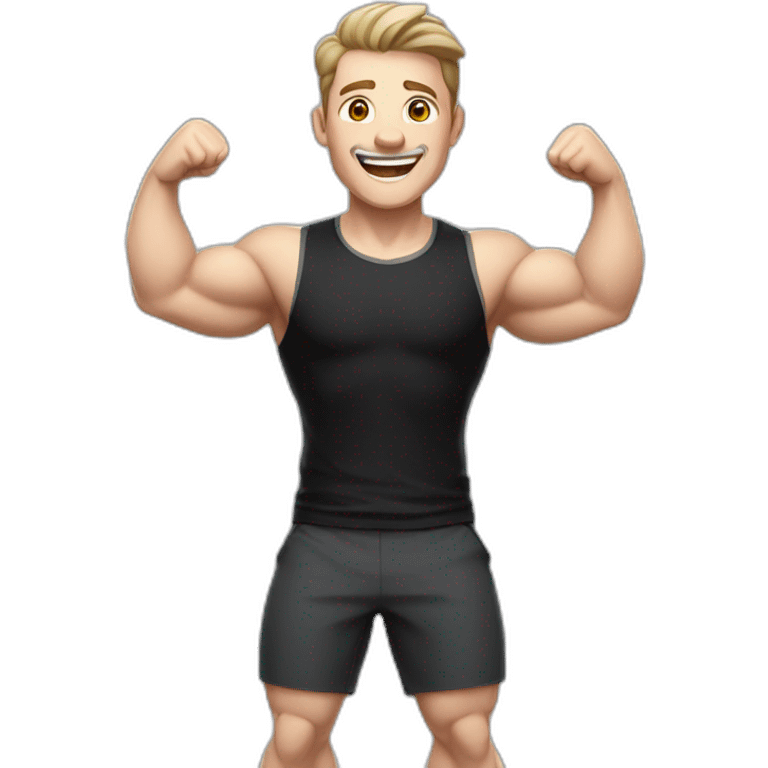 Joyful Celebrating victory Pale skinned Fit Man With the biceps and dark brown hair in black shirt, gray sports shorts and white Sneakers emoji