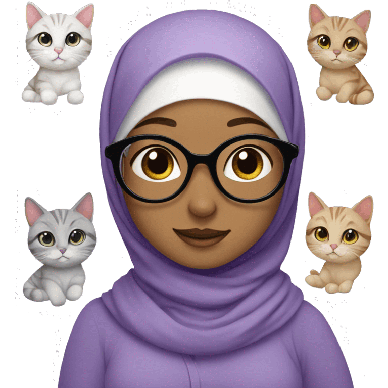 A cute hijabi girl with cute smile and round glasses with cats and lavender  emoji