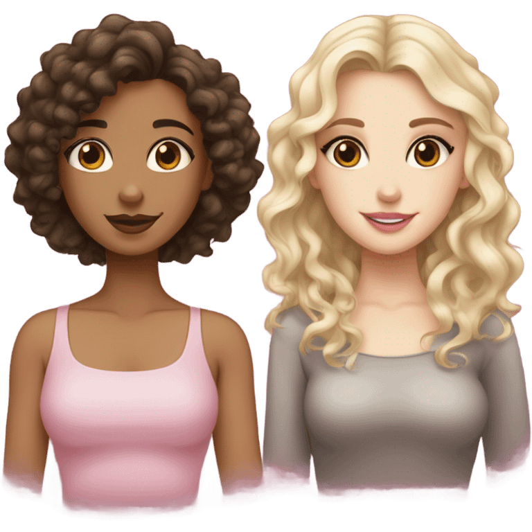 Two separate emojis, one a beige girl with wavy brunette hair and brown eyes, one a curly black brownish haired girl with pale skin and long lashes alongside big brown eyes and pink lips emoji