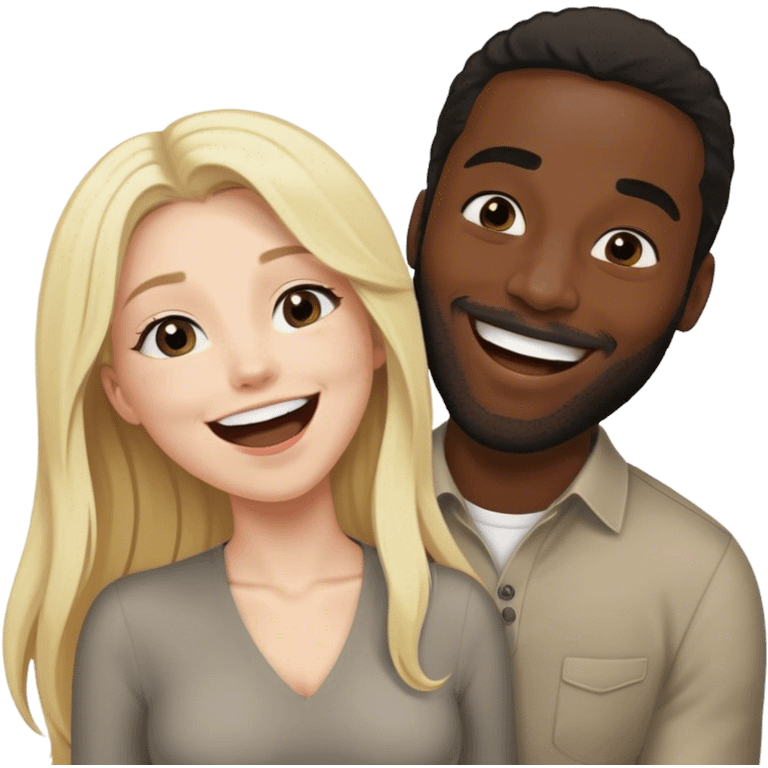 blonde with grey eyes and long hair lifts black british man above her and laughs emoji