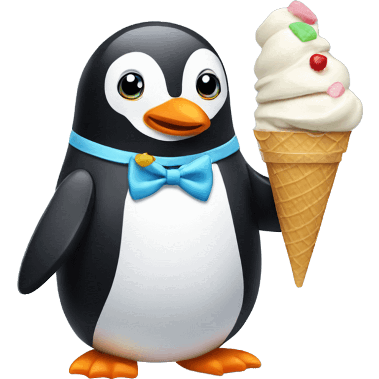 Penguin with a bow tie eating an ice cream emoji