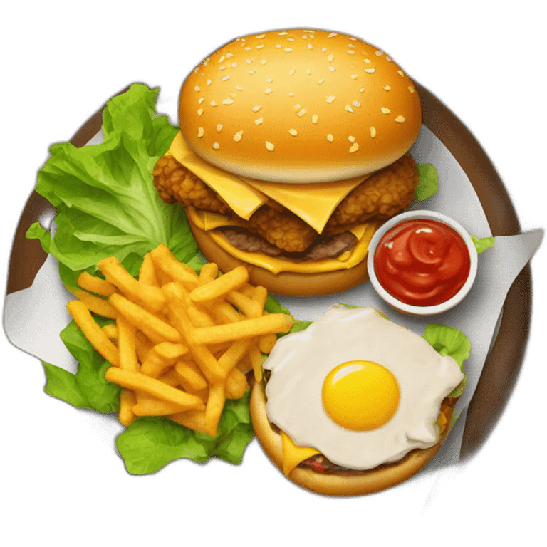 Hamburger with fried chicken, sauce, salad, and cheese emoji