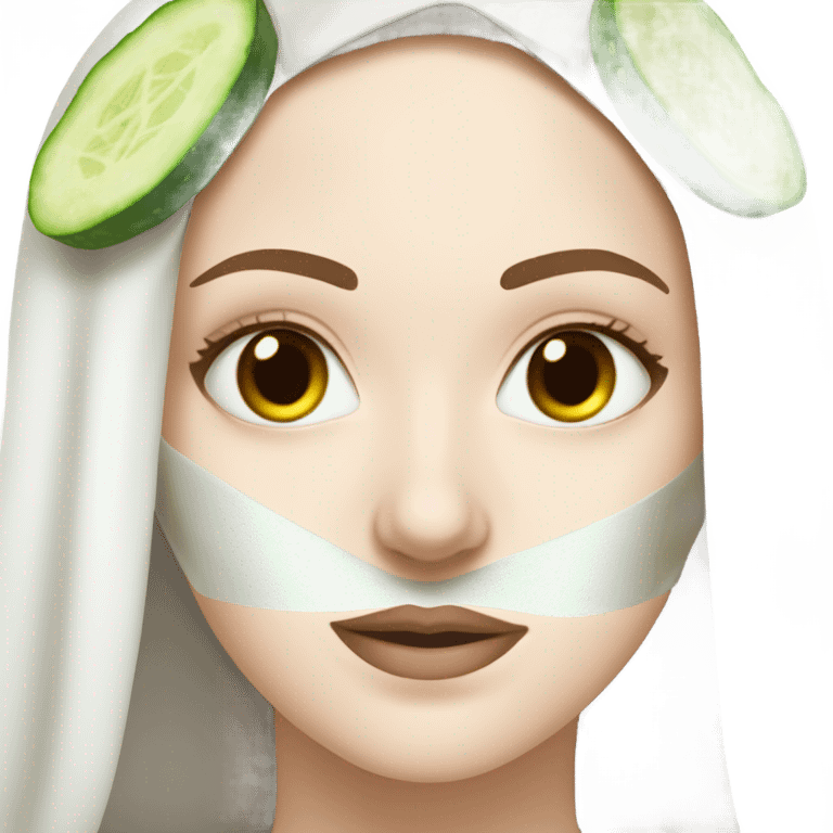 White girl with Brown hair and blue eyes wears a Green clay colored skincare textured mask and puts on cucumbers around her eyes while She relaxes in her white Robe emoji