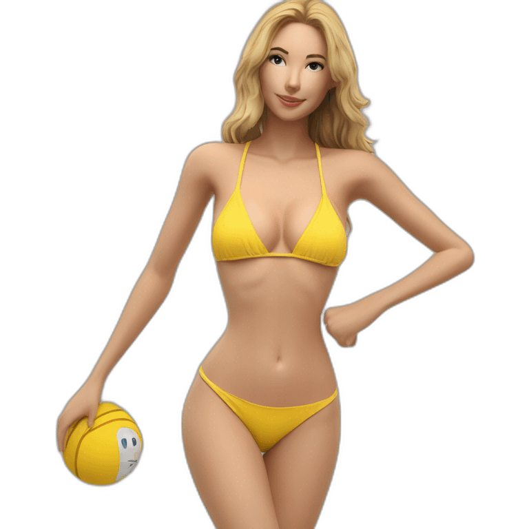 Sexy pose soft-fit Caucasian woman yellow bikini (beach body) bed emoji