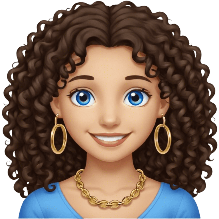 Girl with long dark brown curly hair and blue eyes with medium skin and small gold hoops smiling  emoji