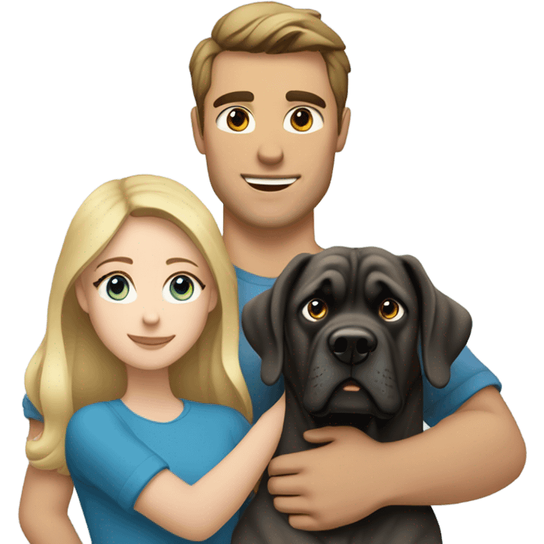 Brunette blue eyed man and blonde blue eyed girl hugging an English mastiff dog emoji