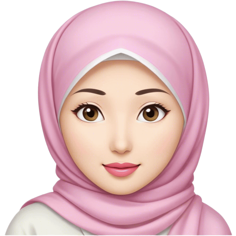 an Asian white woman with white hijab, her lips are pink, her eyes are shining, her face looks happy emoji