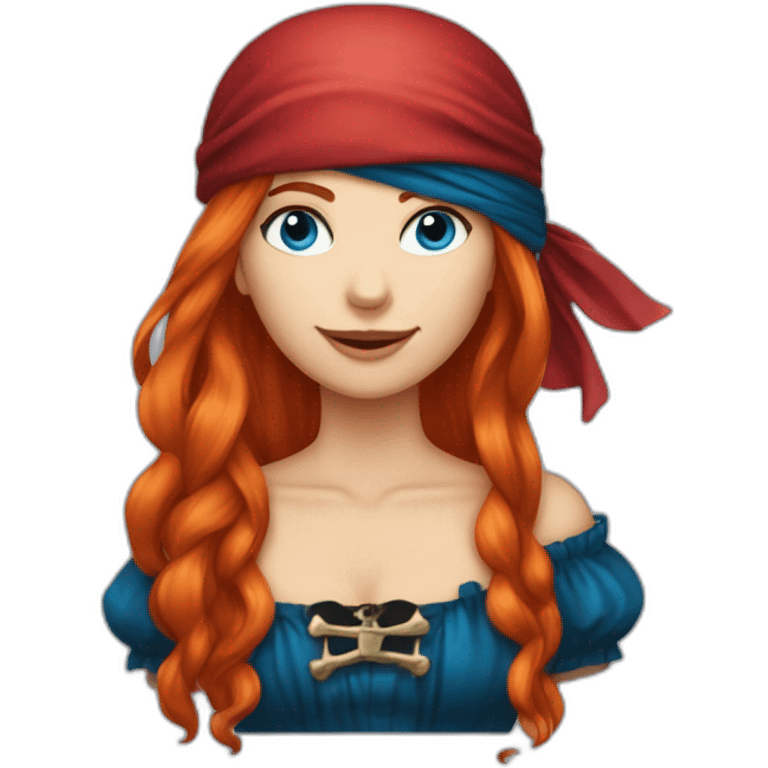 Woman long red platted hair hair only on one side of head, pirate hat. One side of head has no hair. Blue eyes. skull and crossbones t shirt emoji