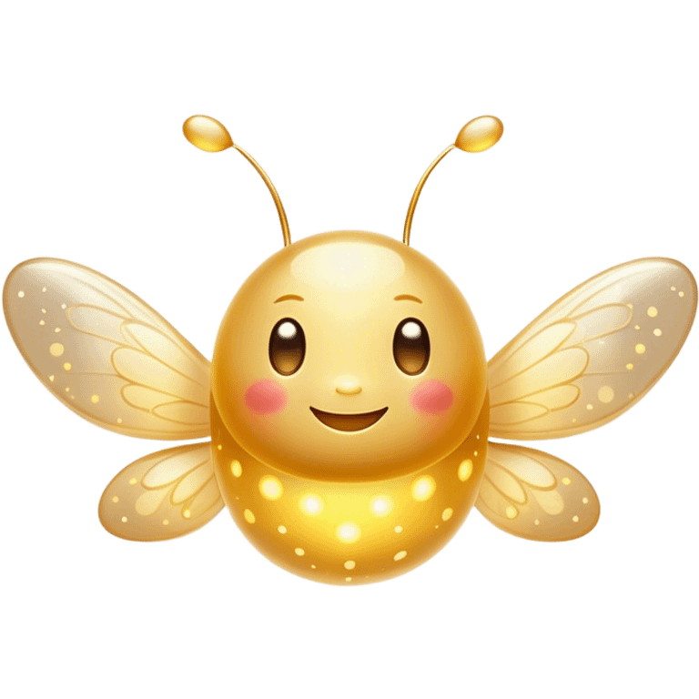 Cinematic tiny glowing firefly, round and chubby, soft golden light, tiny happy face, gentle floating motion, surrounded by dreamy sparkling dots. emoji