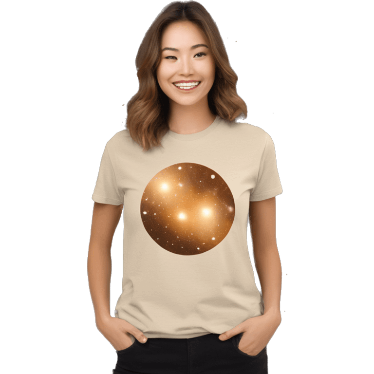 Person wearing vintage sepia T shirt with nebulas galaxies and constellations star map celestial illustration t shirt emoji