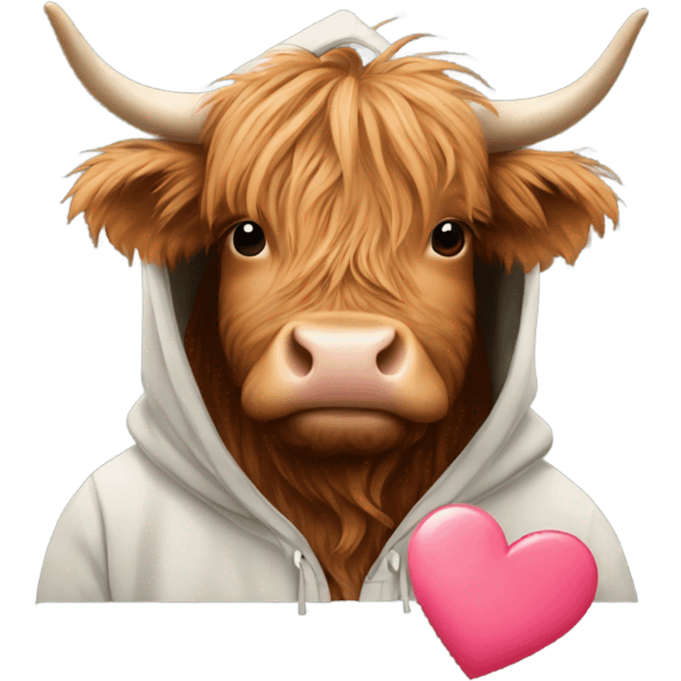 Highland cow wearing a hoodie holding a heart emoji