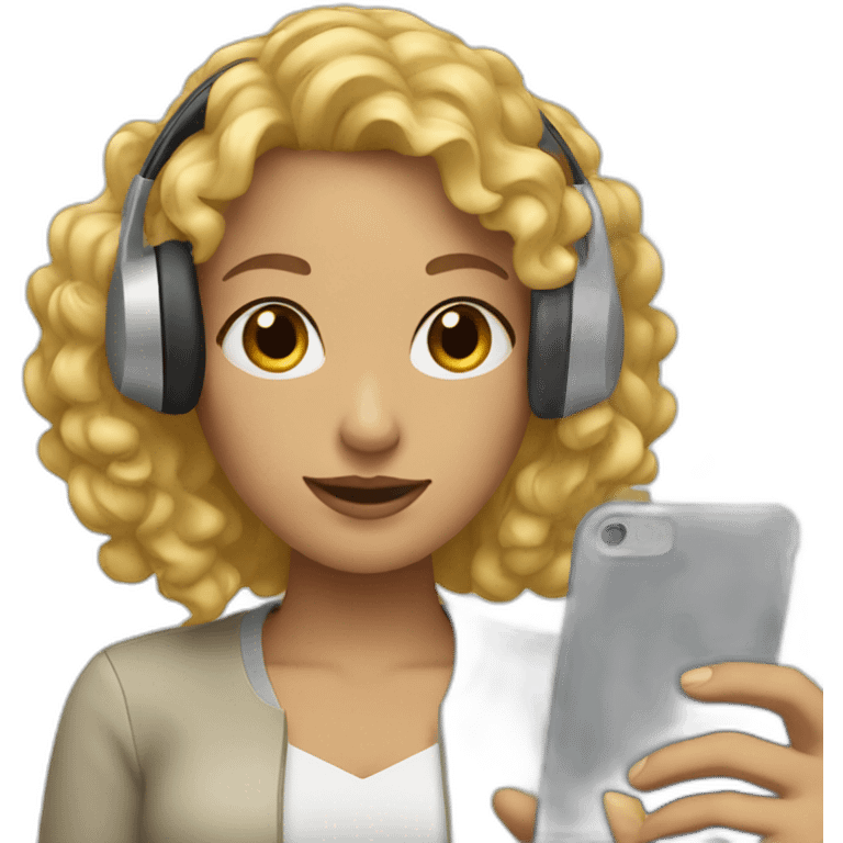 A woman with blond and curly hair and wearing headphones and a phone emoji