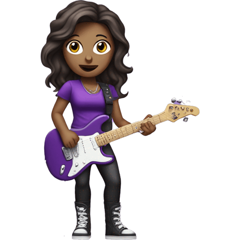 Brunette girl pop rockstar with microphone and electronic guitar purple dressed  emoji