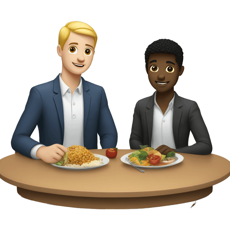 Gay couple, one black boy, one white boy, eating a dinner table emoji