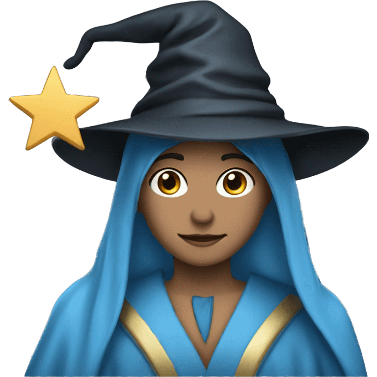 stereotypical wizard, blue hat with star and blue robe, masculine female black hair emoji