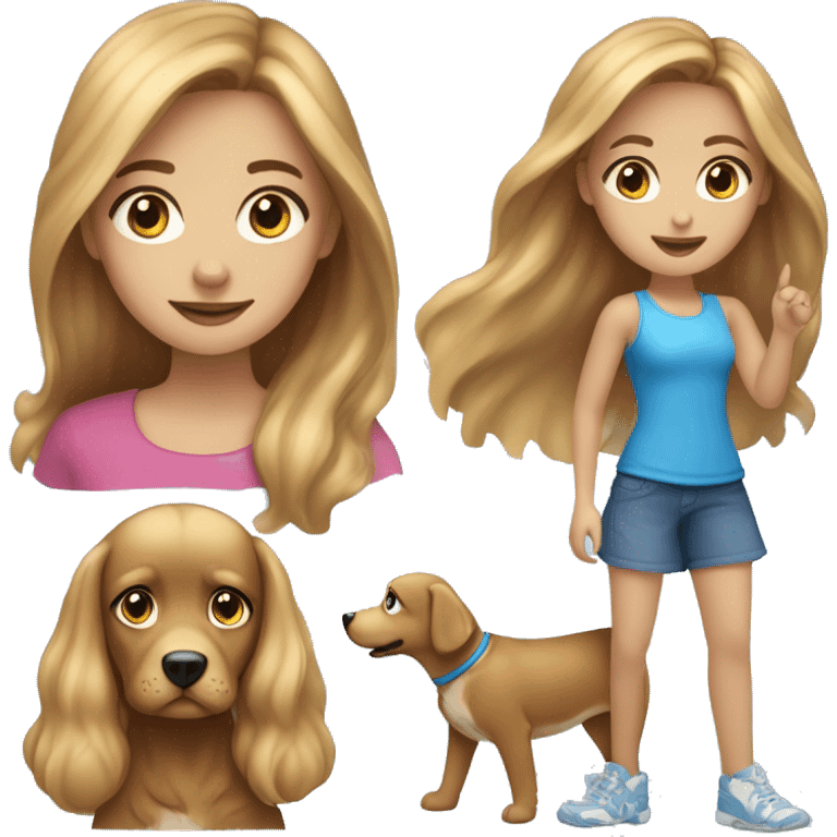 girl with long light brown hair with blond hlighligjts and blue eyes playing with her dog  emoji