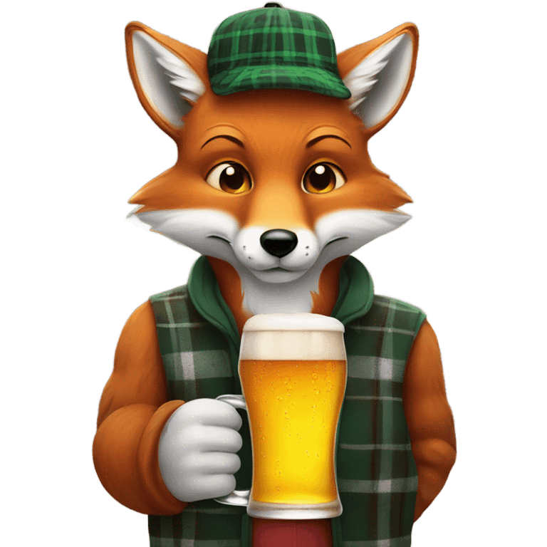 A fox in a plaid hat holding a pint of beer emoji