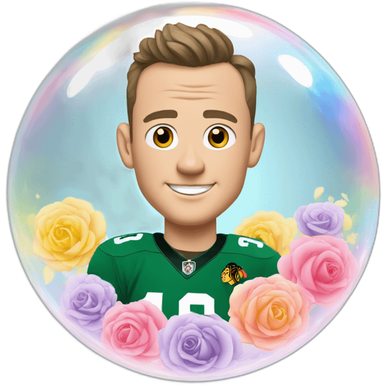 Jonathan Toews inside a rainbow bubble with pastel roses emoji