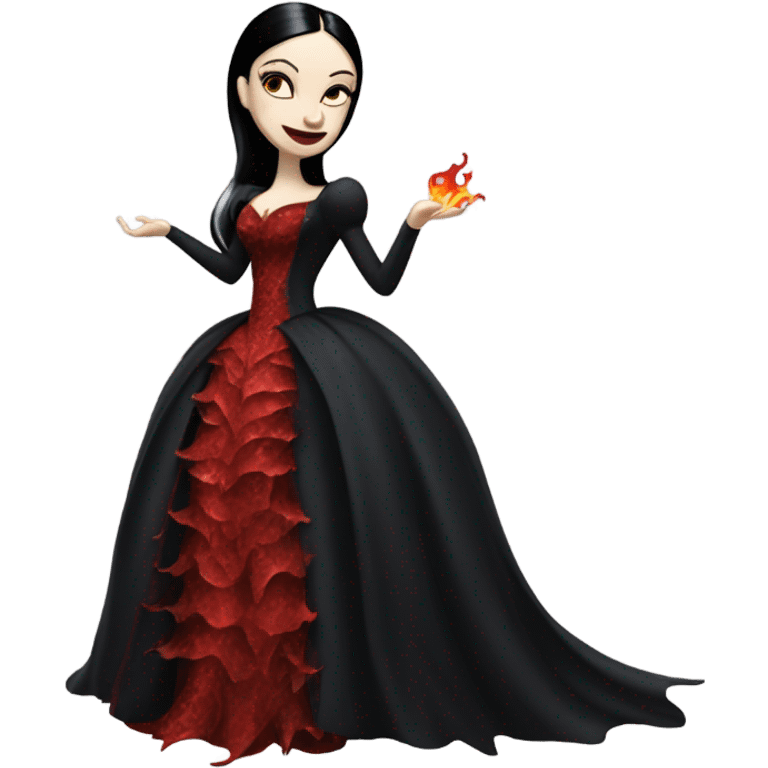 Lavish Victorian evening gown, young Morticia Addams Jedi wearing a mini tiara, riding on the back of a very large blood red evil-looking fire-spewing horned dragon emoji