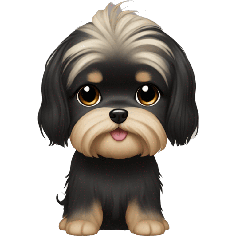 long black hair korean girl with beige and black shih tzu yorkie, short floppy ears. He has light eyebrows  emoji