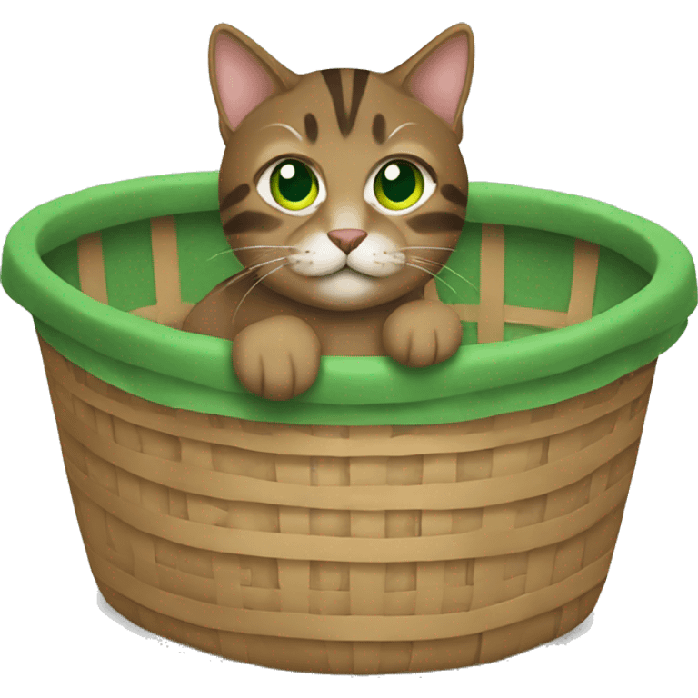  brown tabby cat with green eyes sitting in a basket emoji