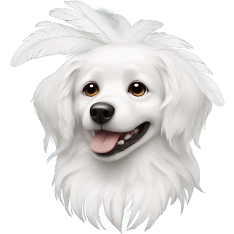 White dog with white feathers hanging out of its mouth emoji