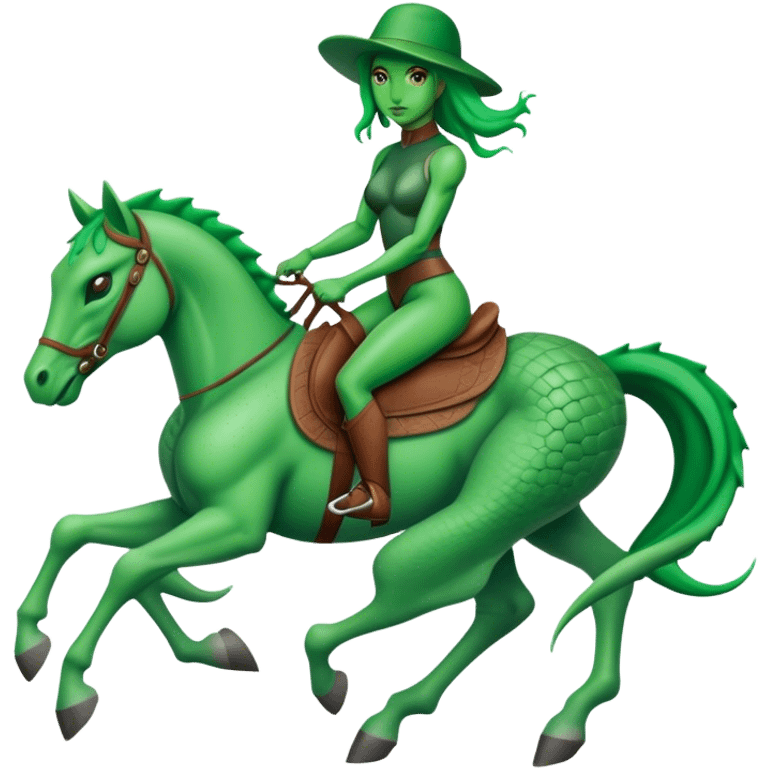 reptilian alien green woman, rides horse emoji