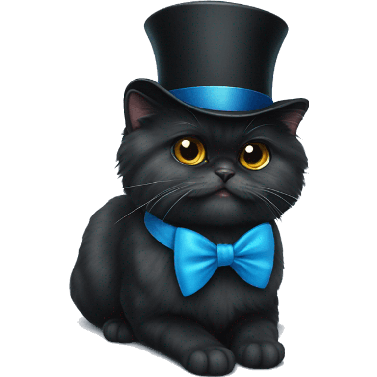 a black persian cat with a tophat and blue bow tie emoji