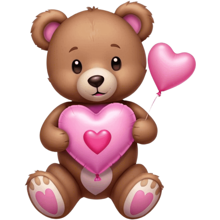 Adorable Plush brown teddy bear holding an inflatable metallic pink heart-shaped balloon in his paw and love letter of the color pink emoji