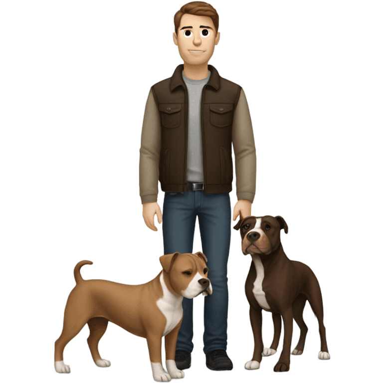 white male with dark brown hair and 5 o'clock shadow standing alongside a white and brown pitbull emoji