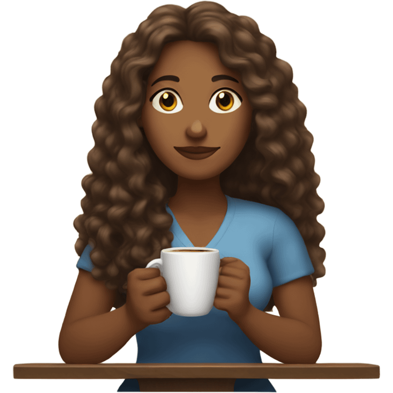 Brown woman with curly long hair reading the Bible while holding a cup of coffee emoji