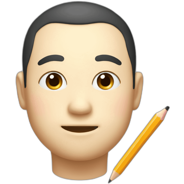 A fat, slightly thin, droopy-eyed, thick-lipped, big-headed, cute Japanese guy with a pencil in his hand and a smile on his face emoji