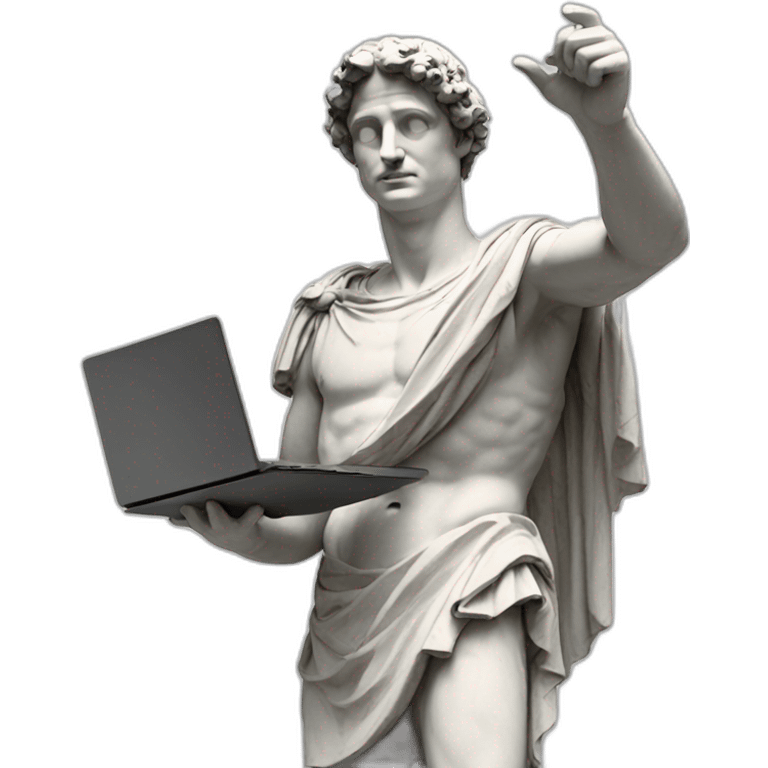 Roman sculpture with virtual reality goggles pointing its finger to the sky and holding a laptop with his other hand emoji