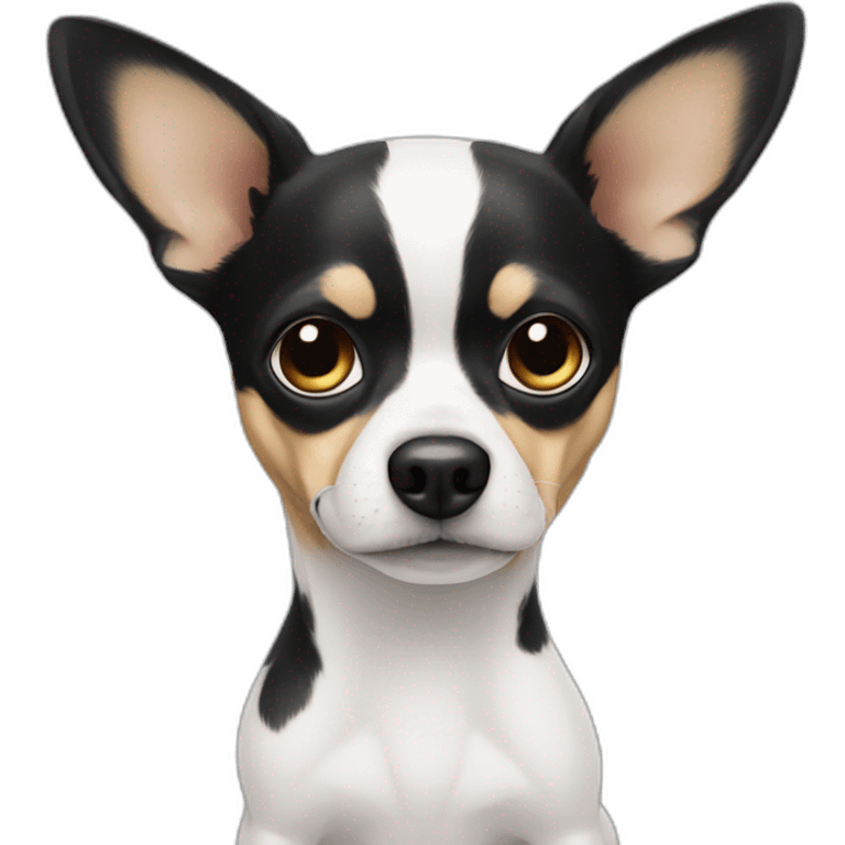 Dog staring at camera chihuahua white with black patch’s around eyes and black ears emoji