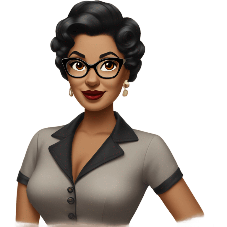 pin-up brown woman with black hair wearing 50s cat eye glasses  emoji