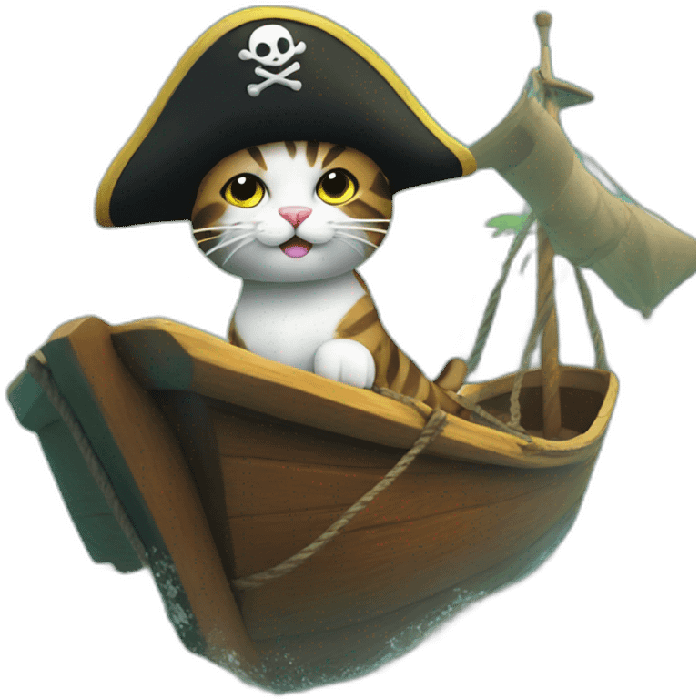 Pirate cat on a cute boat in the water emoji