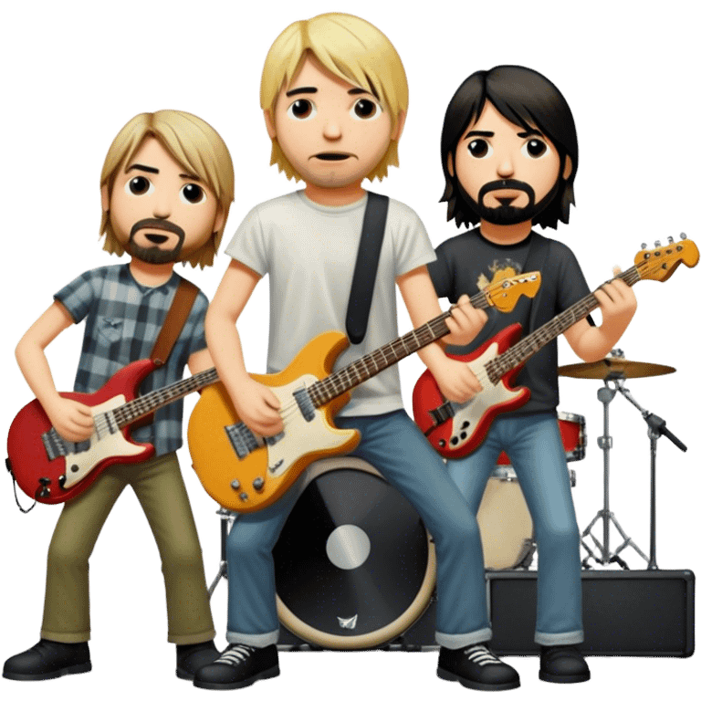 Icon for Rock Music: Nirvana performing on stage with Kurt Cobain on guitar and vocals, Krist Novoselic on bass, and Dave Grohl on drums. A grunge-inspired vibe with dynamic stage lighting and musical energy. Transparent background. emoji