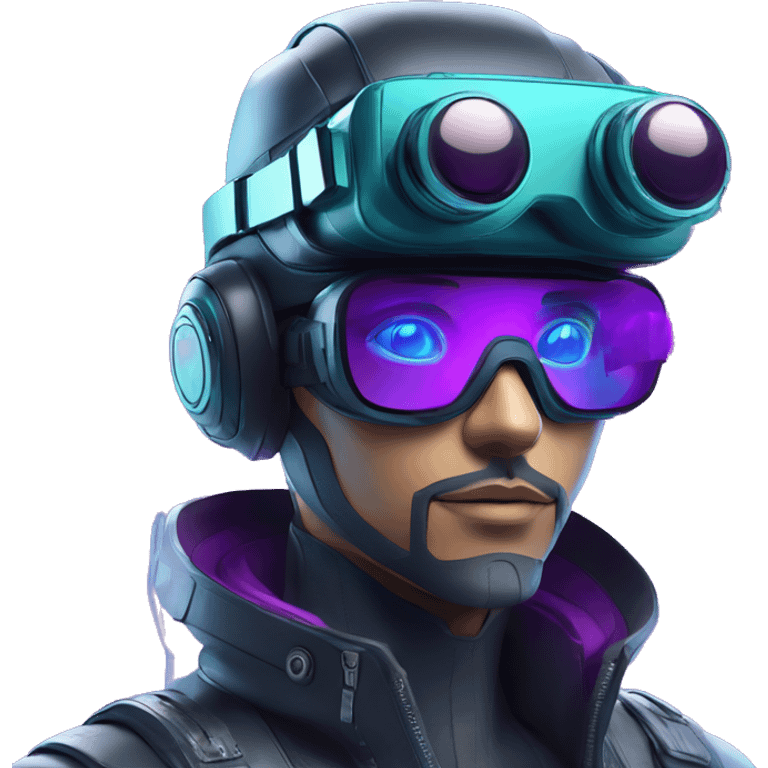 Secret humanoid agent in a futuristic hat with in Apple VR goggles headset code display on the goggles , cyberpunk, cyan and purple colors, only upper body portrait, front facing the camera  emoji