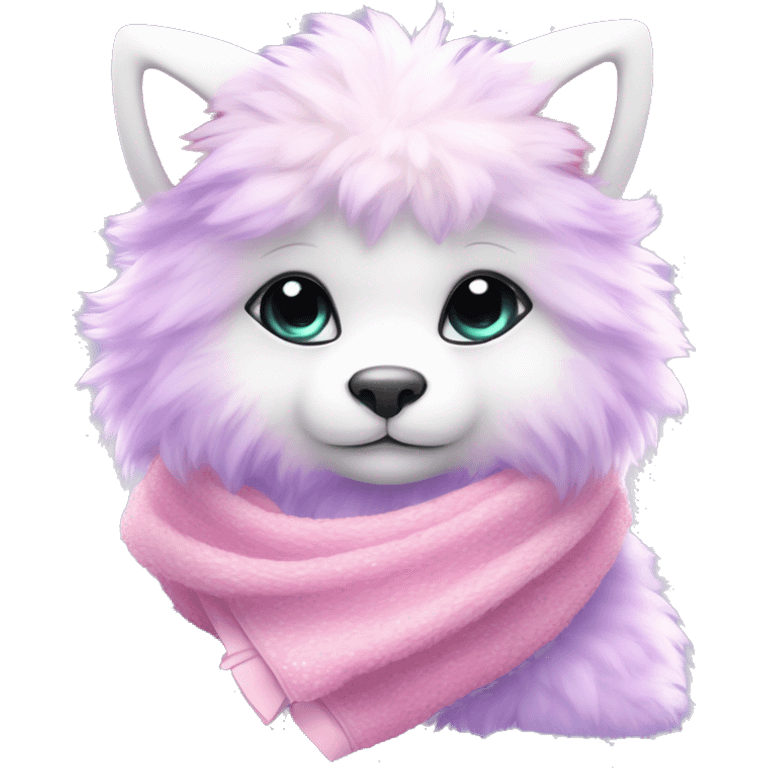 Edgy Kawaii cute gorgeous colorful sparkly bright light pastel lilac-pink-white-gradient fantasy ethereal fluffy fursona animal creature with a cute scarf full body emoji