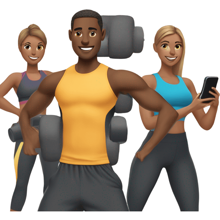 friends work out with smartphone showing charts emoji